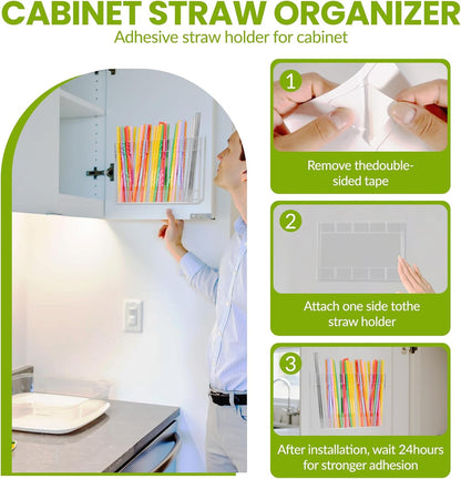 9.8” Large Acrylic Straw Holder for Cabinet Door - Reusable Straw Organizer Storage, Holds 80+ Straws, Ultra Sticky Adhesive Door Mounted, Kitchen Cabinet Accessories Container (Transparent)