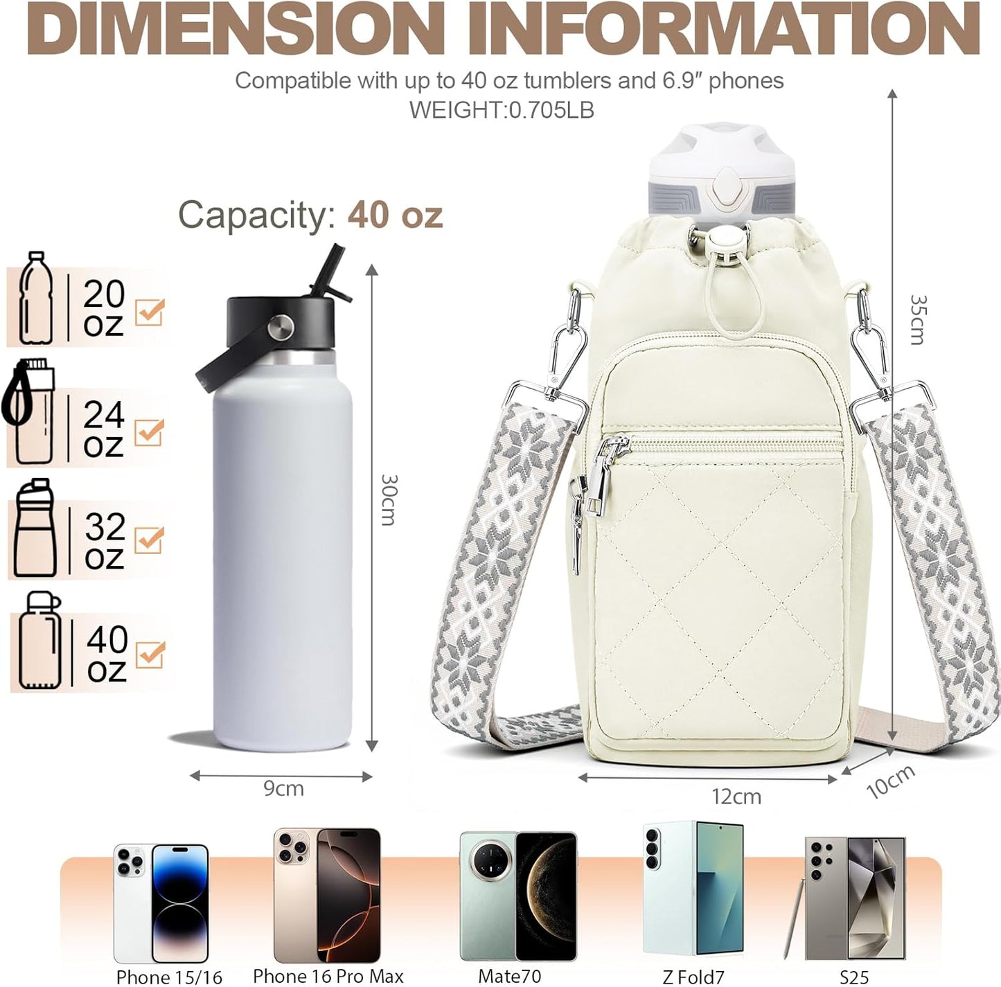 SYTRAH Water Bottle Carrier Bag with Strap, Water Bottle Purse with Phone Pocket 40oz for Walking Hiking