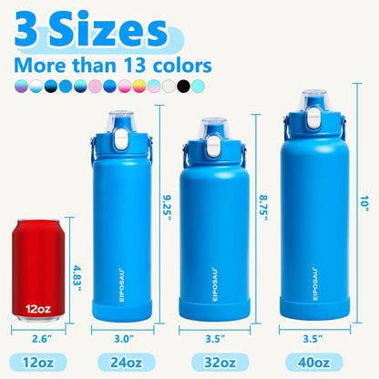 Insulated Water Bottle with Lid & Boot & Stickers, 24 oz Stainless Steel Sweat Free Bottle Keep Cold 24H, BPA-Free Sports Wide Mouth Water Bottle, BlueBlack
