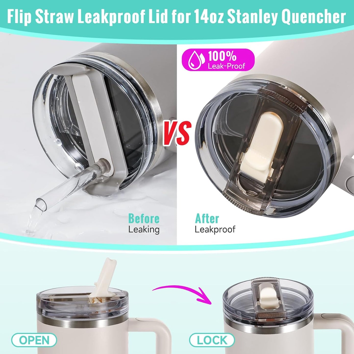 30oz Flip Straw Lid for Stanley Quencher H2.0 Tumbler, 2 Pack Leak Proof Lid Replacement No Spill Cover for Stanley Cup Accessories ProTour (Rose Quartz,Rose Quartz) - Colors C