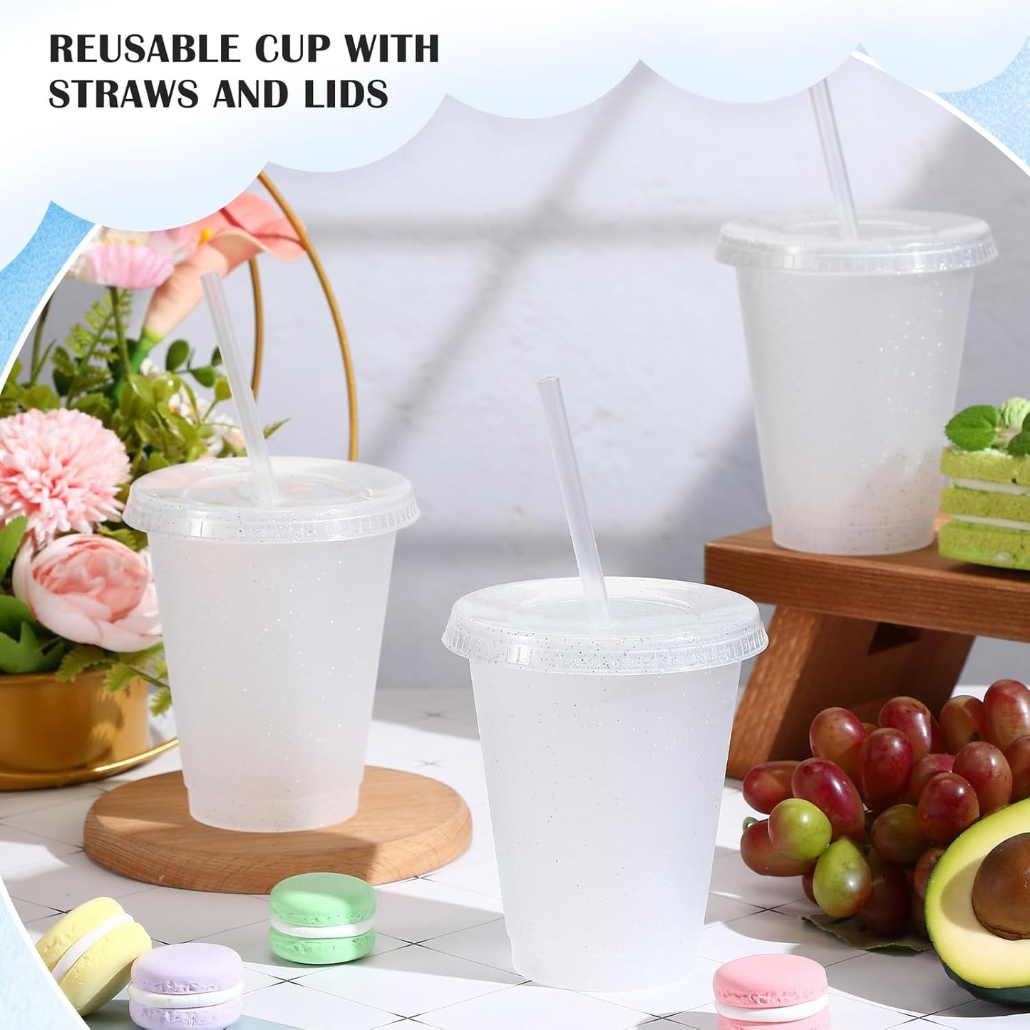 Uiifan 6 Pcs 24 oz Reusable Tumbler with Lids and Straws Plastic Iced Coffee Tumbler Glitter Travel Mug Cup for Smoothie Juices Birthday Party Cold Drink Coffee Cup Bulk for Adult Kid Women (Clear)