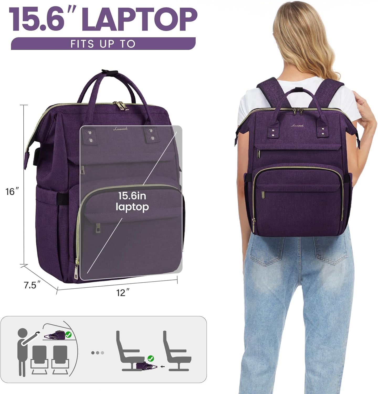 LOVEVOOK Laptop Backpack for Women with Giant Tumbler Holder Pocket,15.6 inch Waterproof Travel Backpack Purse Computer Laptop Bag,Professional Work College Nurse Teacher Backpack Casual Daypack,Black