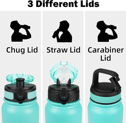 Oldley Insulated Water Bottle 20oz for Adults Kids Stainless Steel Water Bottles with Straw/Chug/Carabiner 3 Lids Fruit Strainer Double Wall Vacuum Wide Mouth BPA Free Leak-Proof for School Travel