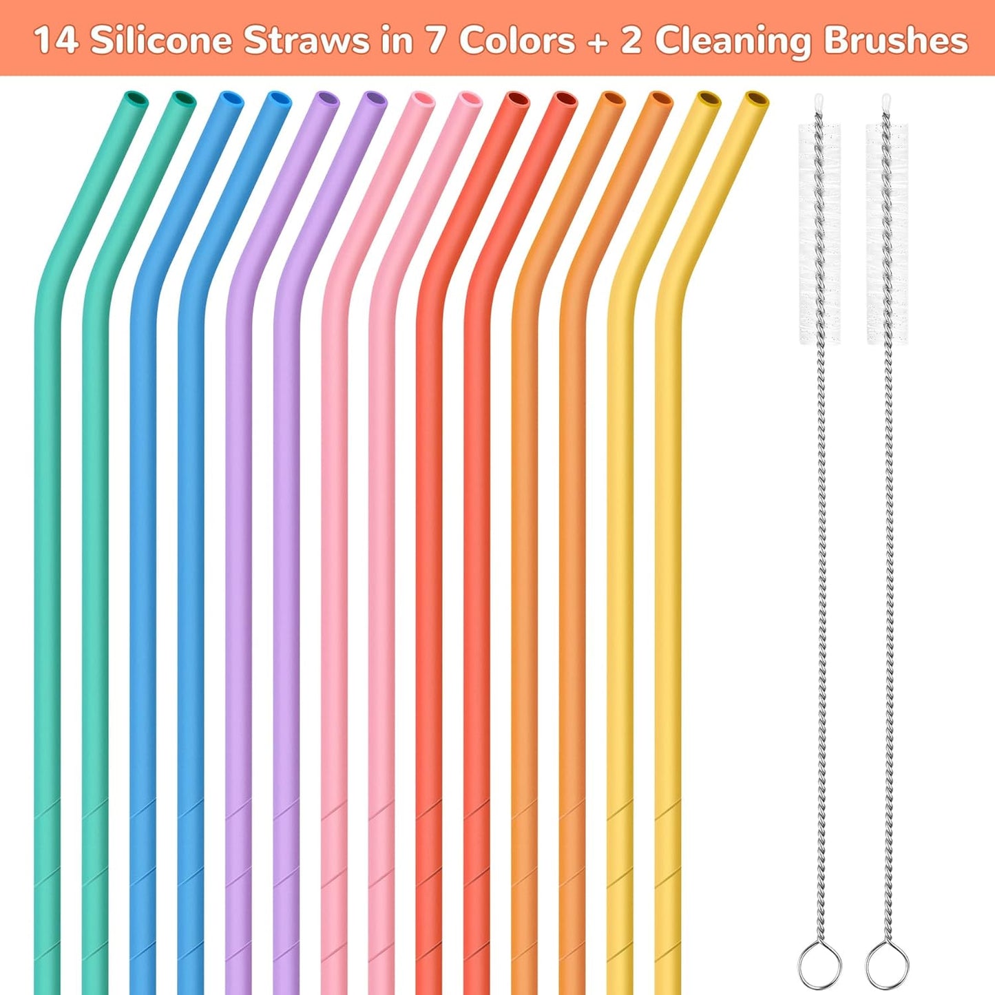 NiHome 14PCS Silicone Straws Fit for Stanley 40oz 30oz Tumbler, 14” Extra Long Reusable Drinking Straw, Flexible Can Cut Length for 1/Half Gallon 75 64 OZ Large Water Bottle - 2 Brushes (Rainbow)