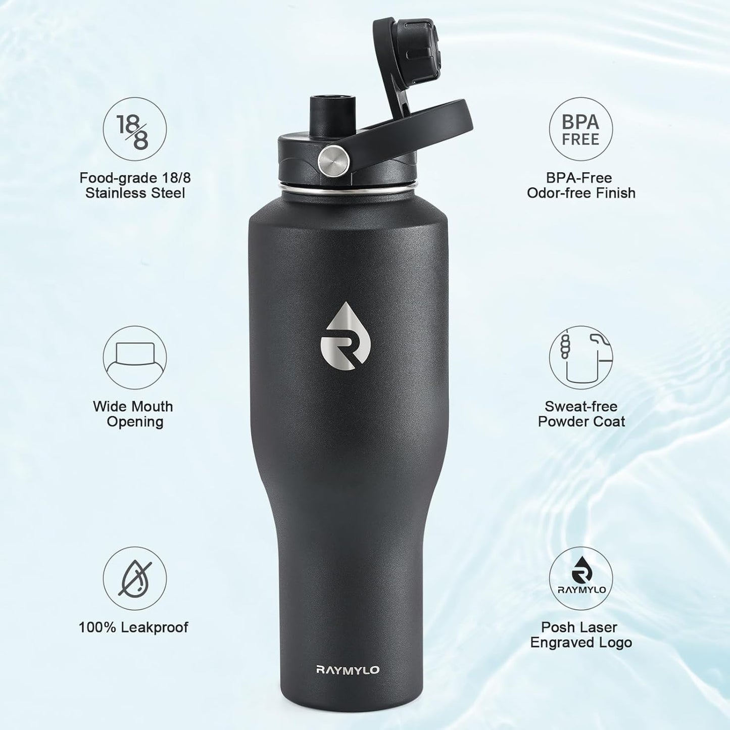 RAYMYLO 40 oz Insulated Water Bottle with Straw fit in Car Cup Holder, Triple Wall Vacuum Stainless Steel(Cold 48 hrs, Hot 24 hrs), Leakproof & Non-BPA, Hydro Travel Flask with Straw and Spout Lid