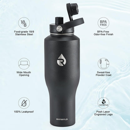 RAYMYLO 40 oz Insulated Water Bottle with Straw fit in Car Cup Holder, Triple Wall Vacuum Stainless Steel(Cold 48 hrs, Hot 24 hrs), Leakproof & Non-BPA, Hydro Travel Flask with Straw and Spout Lid