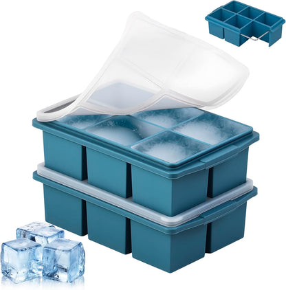 Large Ice Cube Trays for Whiskey (2 Pack) - Silicone Ice Cube Molds with Steel Frame Reinforcement & Lid, 2-Inch Square Ice Cubes for Whisky, Cocktails, Coffee, Tea - Easy Release