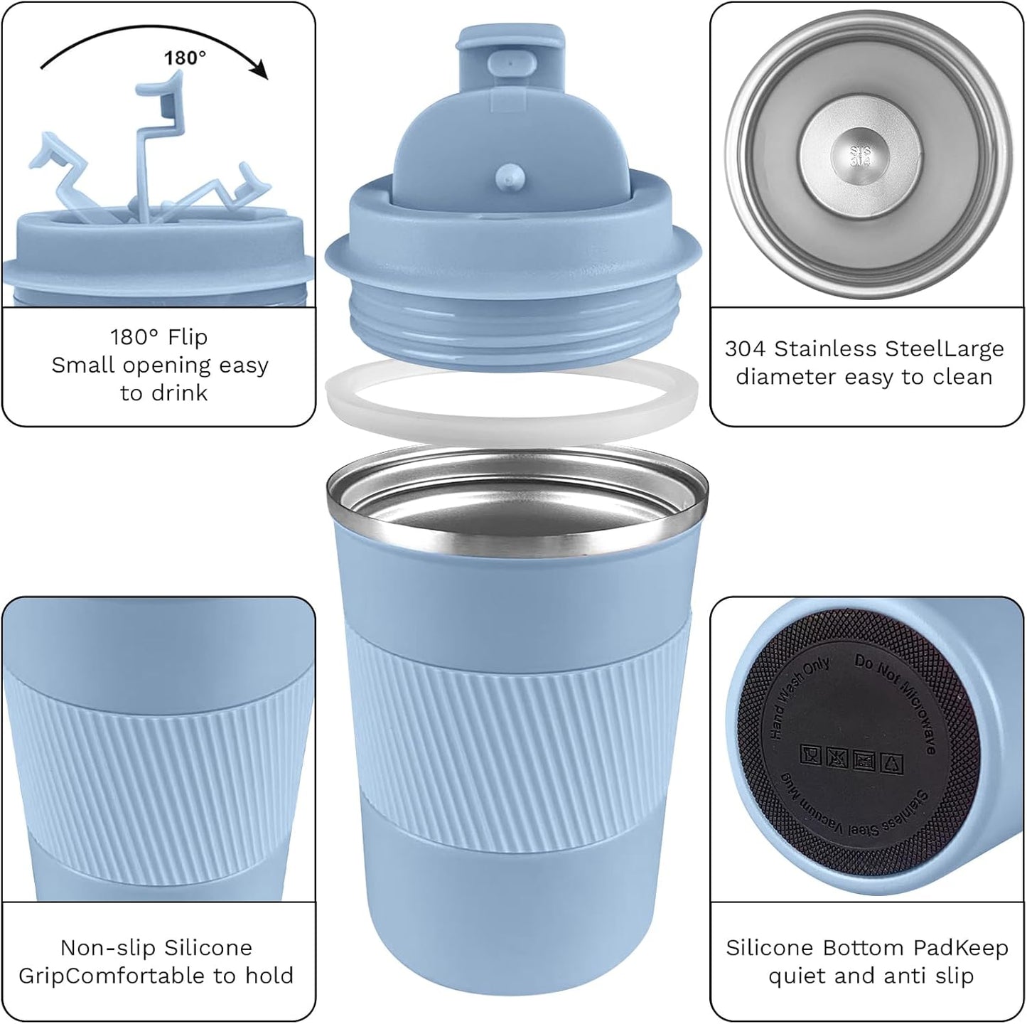 YINBAOGE Insulated Travel Coffee Mug, Spill & Leak Proof, Portable To Go Camping Stainless Steel Coffee Tumbler, Reusable Thermal Coffee Cup with Lid for Hot & Cold Drinks (Black, 12 OZ)