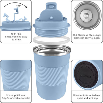 YINBAOGE Insulated Travel Coffee Mug, Spill & Leak Proof, Portable To Go Camping Stainless Steel Coffee Tumbler, Reusable Thermal Coffee Cup with Lid for Hot & Cold Drinks (Black, 12 OZ)