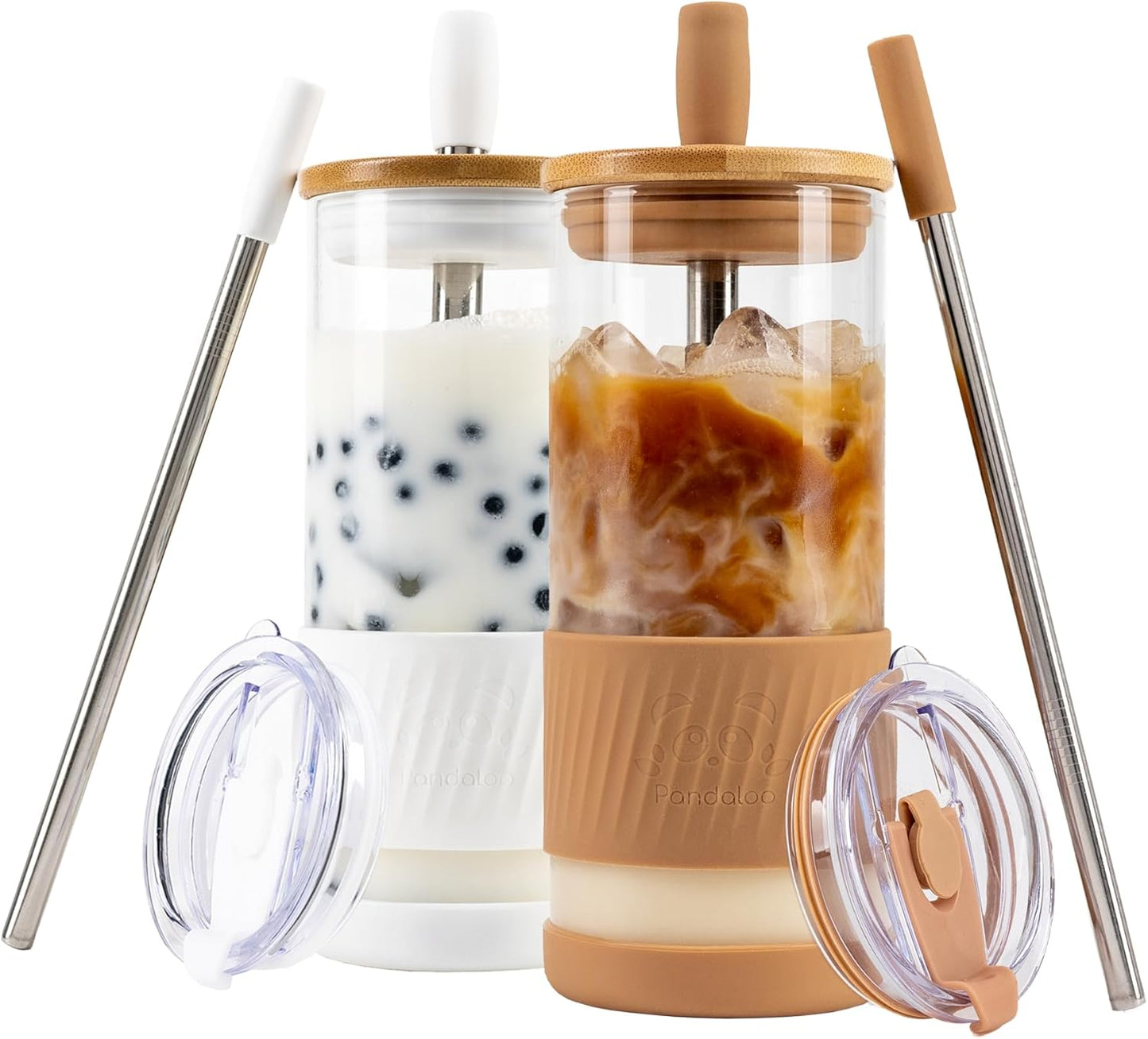 Pandaloo® Glass Cups With Lids and Straws -20 Fl Oz- Perfect Size Iced Coffee Cup - Smoothie Cup With Bamboo Lid and On the go Lid - Glass Tumbler With Straw (1 Count (Pack of 1), Lilac Rhapsody)
