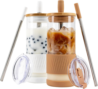 Pandaloo® Glass Cups With Lids and Straws -20 Fl Oz- Perfect Size Iced Coffee Cup - Smoothie Cup With Bamboo Lid and On the go Lid - Glass Tumbler With Straw (1 Count (Pack of 1), Lilac Rhapsody)