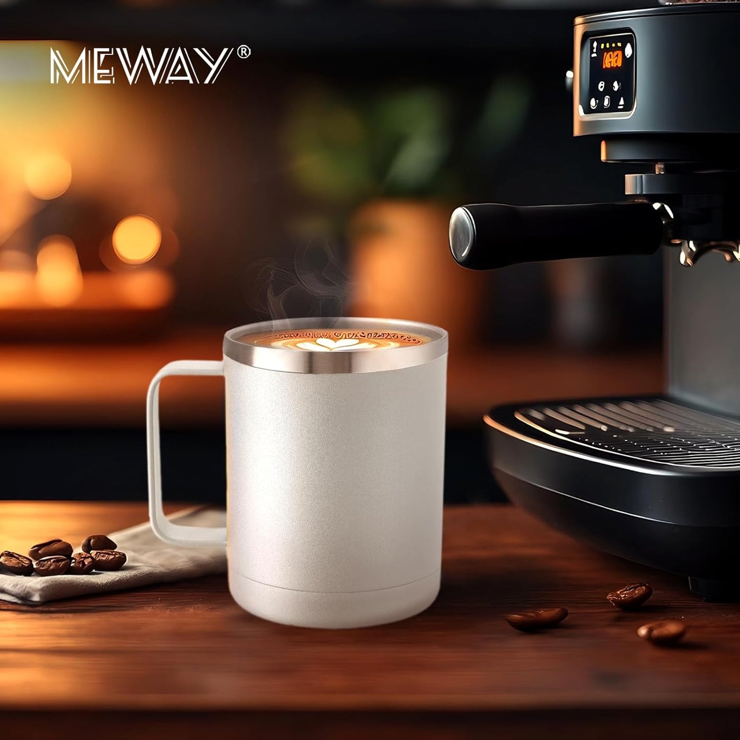 MEWAY 12oz Coffee Mug With Handle and Sliding Lid,Stainless Steel Travel Tumbler Cup with Handle,Double Wall Vacuum Insulated Camping Cup for Hot & Cold Drinks Tea (Black,Set of 1