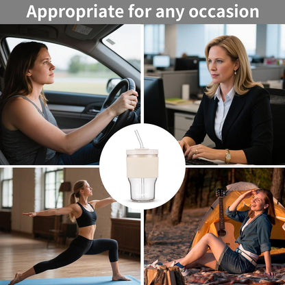 BLUEPOLAR 16oz/480ml Iced Coffee Cups With Lids And Straws,Reusable Leakproof Glass Tumbler,Water Bottles,Cold Brew,Drinking Jars For Juicing,Matcha,Tea,Smoothie For Travel,Office (Off-White)