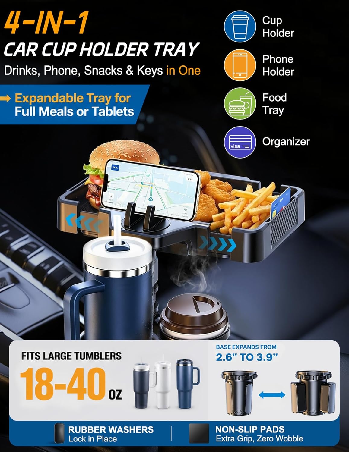 Car Cup Holder Tray, 10 Inch 4-in-1 Cup Holder Tray, 360° Rotating Drink Holder Expander with Detachable Food Tray & Phone Holder, Road Trip Essentials