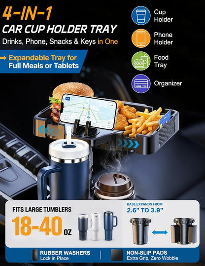 Car Cup Holder Tray, 10 Inch 4-in-1 Cup Holder Tray, 360° Rotating Drink Holder Expander with Detachable Food Tray & Phone Holder, Road Trip Essentials