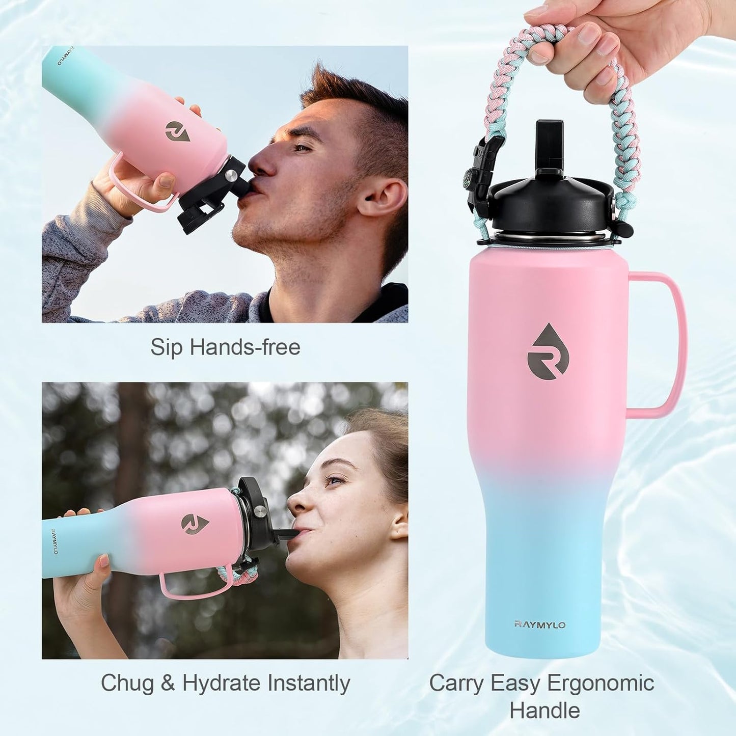 RAYMYLO 40 oz Insulated Water Bottle with Straw fit in Car Cup Holder, Triple Wall Vacuum Stainless Steel(Cold 48 hrs, Hot 24 hrs), Leakproof & Non-BPA, Hydro Travel Flask with Straw and Spout Lid