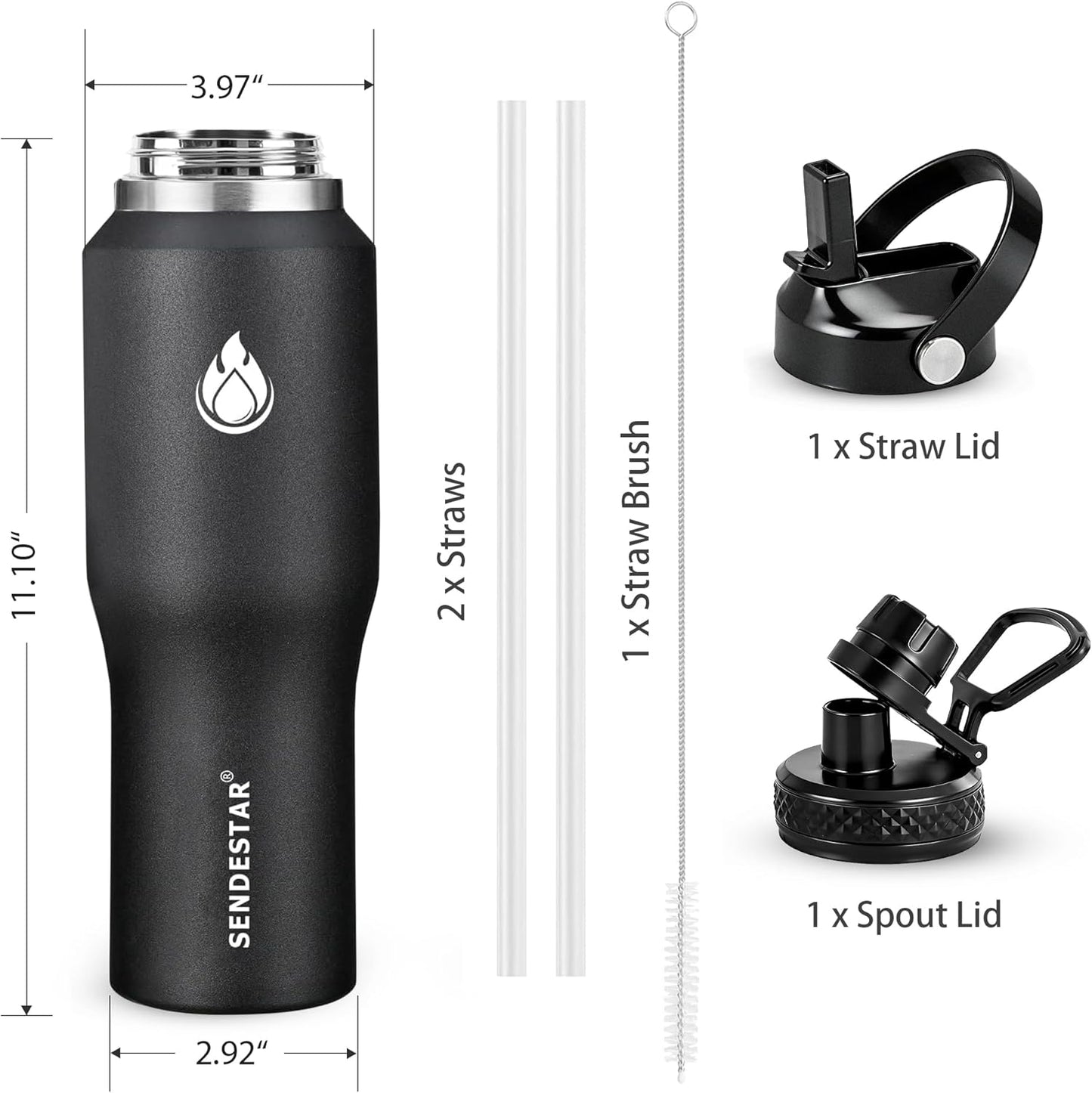 SENDESTAR 40oz Water Bottle Wide Mouth Stainless Steel Vacuum Insulated Double Wall with Straw Lids Fit in Any Car Cup Holder