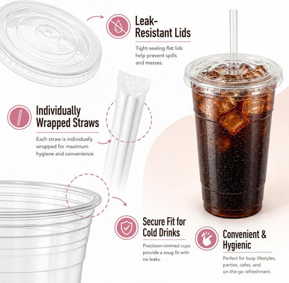 16 OZ Plastic Cups with Lids and Straws, 25 Clear Disposable Coffee Cups With Lids 16 OZ Disposable Cold Brew Cup for Parfait, Bubble Tea, Smoothies