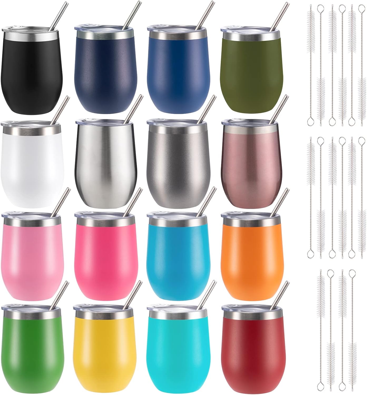12 oz Insulated Wine Tumbler with Lid and Straw,Stainless Steel Stemless Wine Tumbler Glasses Double Wall Vacuum Wine Cups Tumbler for Coffee,Champaign,Cocktail,Office（Silver,1）