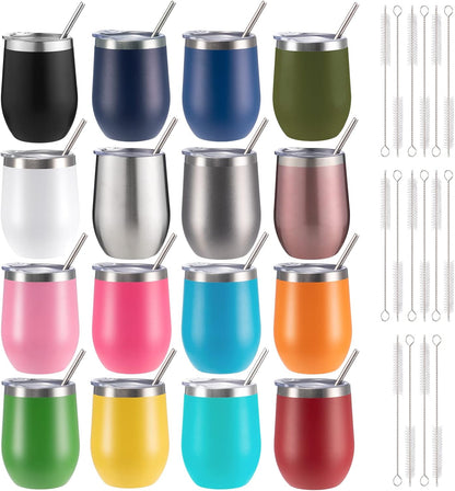 12 oz Insulated Wine Tumbler with Lid and Straw,Stainless Steel Stemless Wine Tumbler Glasses Double Wall Vacuum Wine Cups Tumbler for Coffee,Champaign,Cocktail,Office（Silver,1）