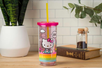Silver Buffalo Sanrio Hello Kitty Milk Carton Pattern Plastic Boba Tumbler w Lid and Wide Straw, 24 Ounces