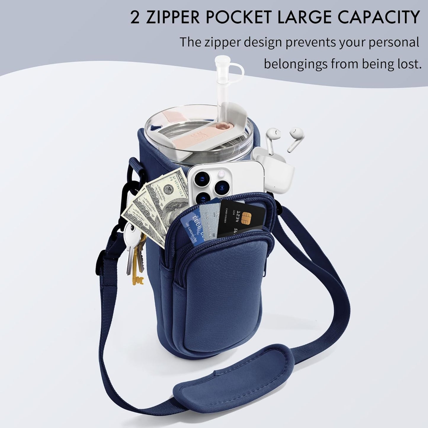 JEBEALUO Water Bottle Carrier Bag with Phone Pocket for Stanley Cup 40/30 oz, Water Bottle Holder with Adjustable Strap& Straw Cover, Stanley Cup Accessories