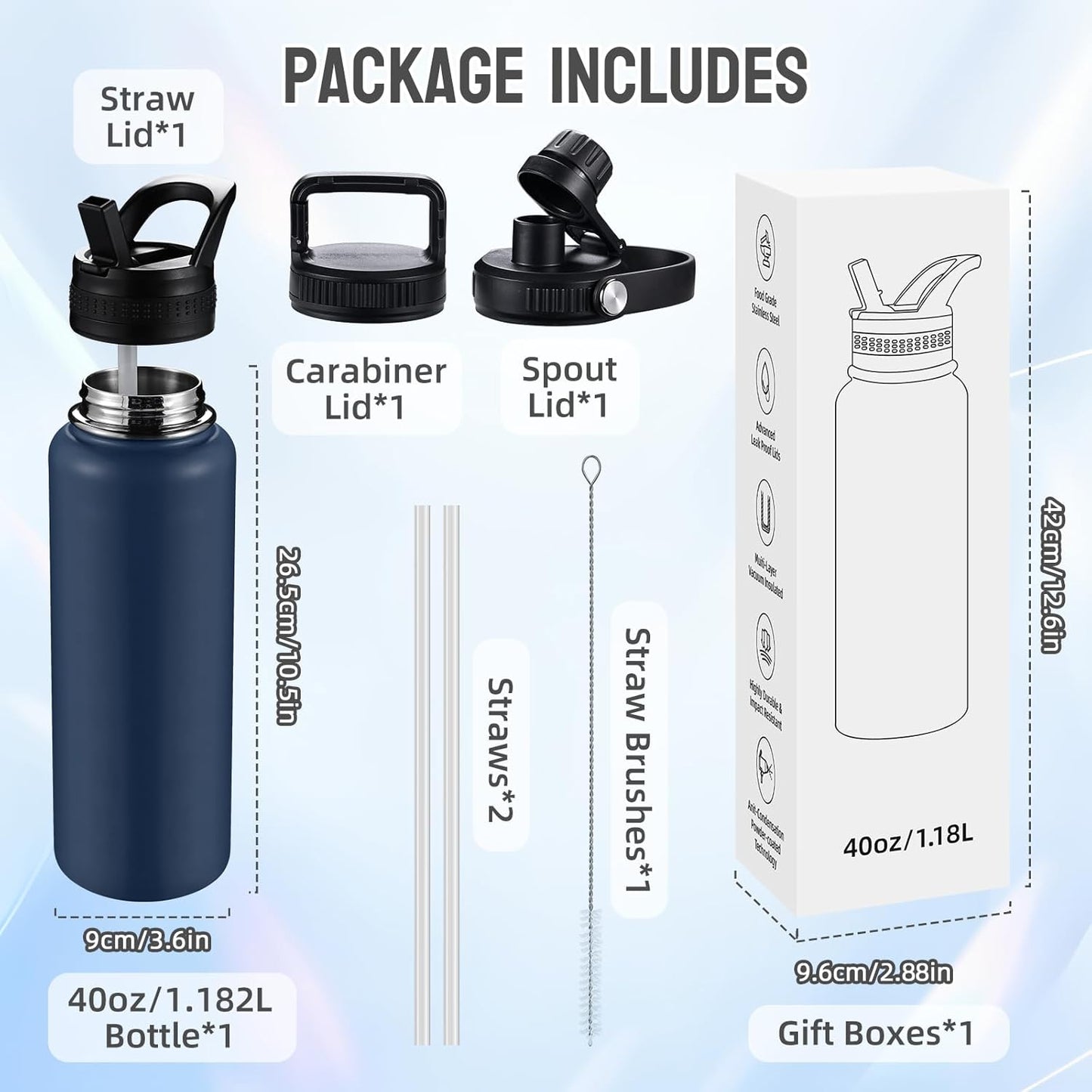 Insulated Water Bottles with Straw 40 oz Leak Proof, Vacuum Insulated Stainless Steel Sport Tumbler with 3 Lids Straw, Spout and Handle Lid for Sports, Gym or Office,Hot Pink
