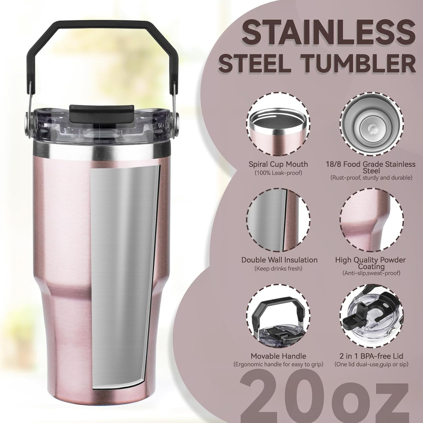 30oz Tumbler with Handle and Flip Straw Lid Double Wall Insulated Travel Coffee Mug Stainless Steel Vacuum Insulated Coffee Tumbler Cup for Hot and Cold Beverages,Leak-proof&BPA-free (30oz,Black)