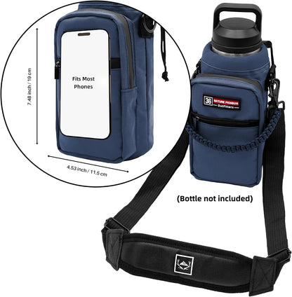 NATURE PIONEOR Water Bottle Holder with Adjustable Strap - 26/32/36/40/46/64oz Insulated Water Bottle Sling Carrier with Paracord Handle & 2 Pockets, Outdoor Sports, Hiking, Camping, Gym
