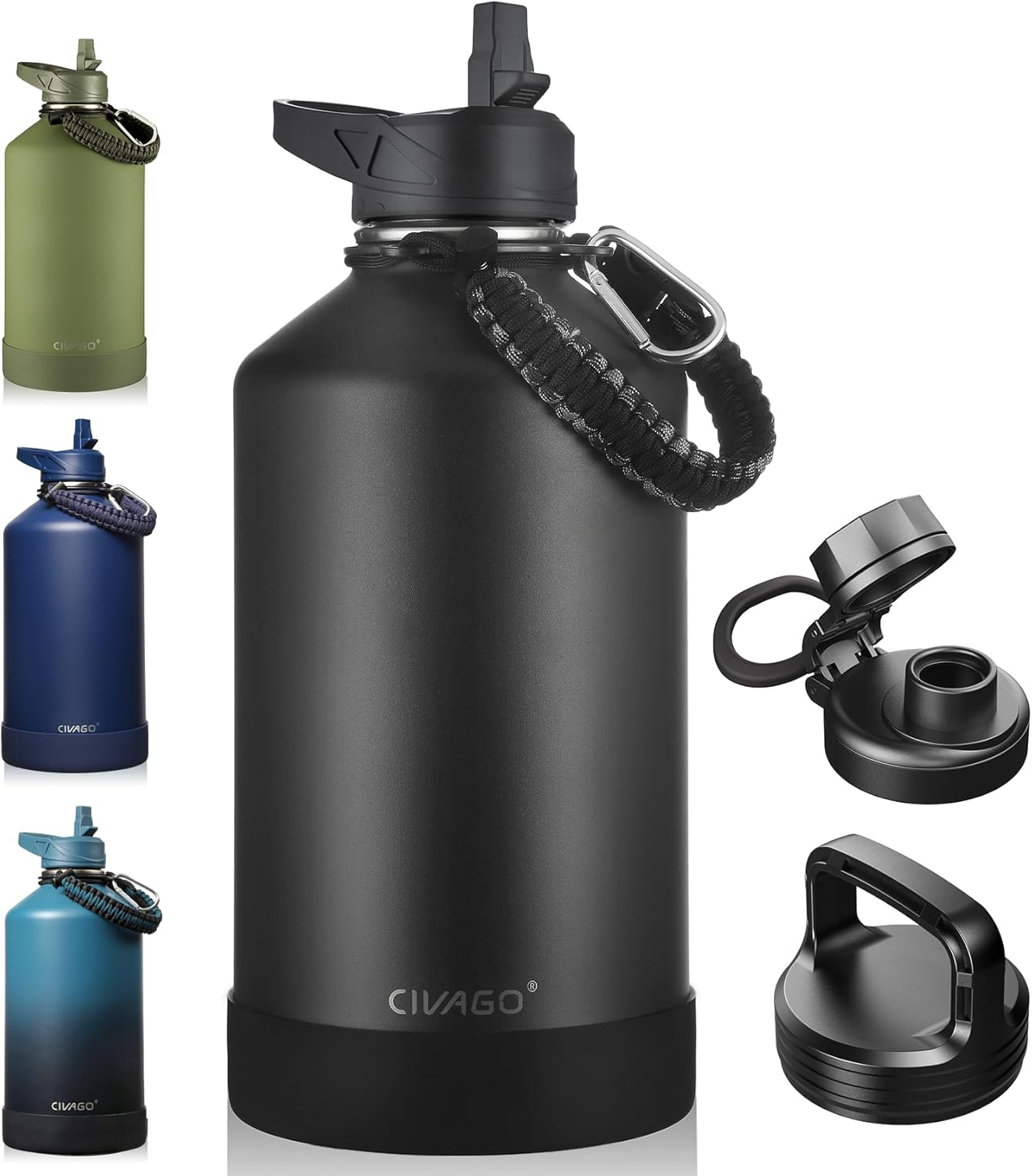 CIVAGO 32 oz Insulated Water Bottle With Straw, Stainless Steel Sports Water Cup Flask with 3 Lids (Straw, Spout and Handle Lid), Wide Mouth Travel Thermal Mug, Black