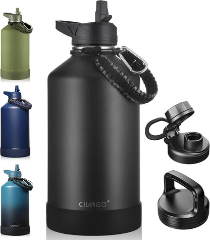 CIVAGO 32 oz Insulated Water Bottle With Straw, Stainless Steel Sports Water Cup Flask with 3 Lids (Straw, Spout and Handle Lid), Wide Mouth Travel Thermal Mug, Black