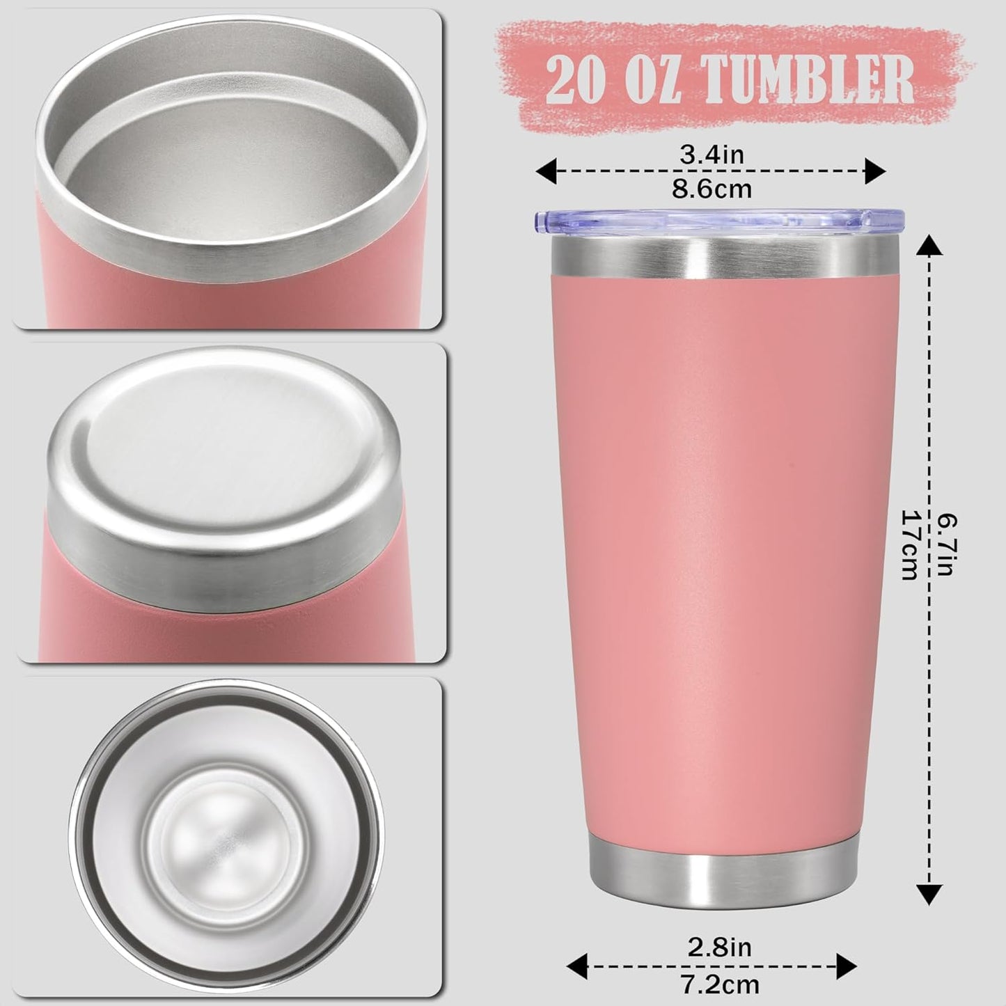 20 oz Tumbler Coffee Travel Tumblers Bulk with Lid Stainless Steel Double Wall Vacuum Insulated Mug Powder Coated Cups fit Car Cupholder for Hot and Cold - Stainless Steel, 4Pack