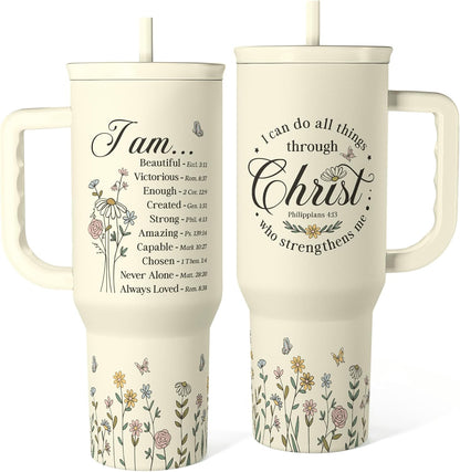 Floral Tumbler with Handle 40oz, Stainless Steel Insulated Tumblers Coffee Travel Mug Cup with Straw, Flower Coffee Cup Gifts for Women Girls, Gift for Her on Christmas Birthday Mothers Day