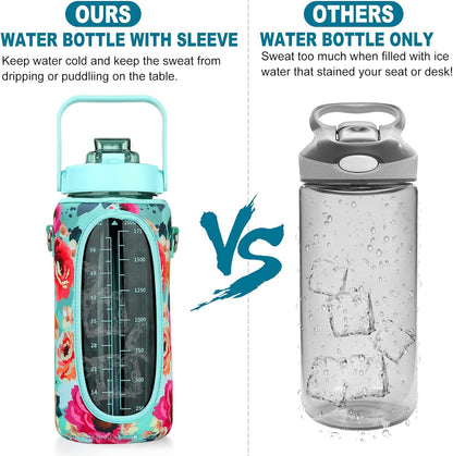 Half Gallon Water Bottle with Sleeve, 64OZ Motivational Water Bottle with Straw & Time Marker, BPA Free Leakproof Gym for Sport Workout