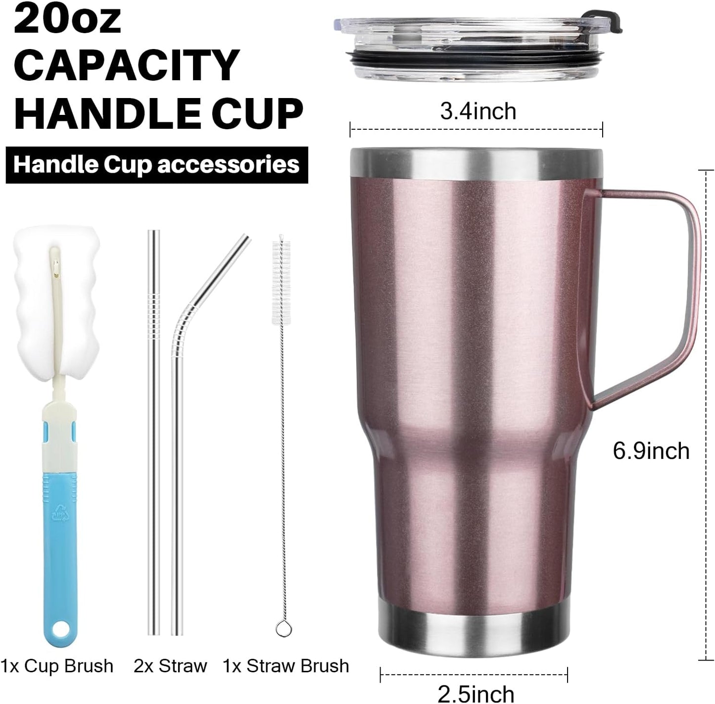 20 oz Tumbler with Handle, Stainless Steel Insulated Tumbler with Lid and Straw, Double Wall Vacuum Coffee Mug Tumbler, Insulated Coffee Thermal Cup for Cold and Hot (Light Purple)