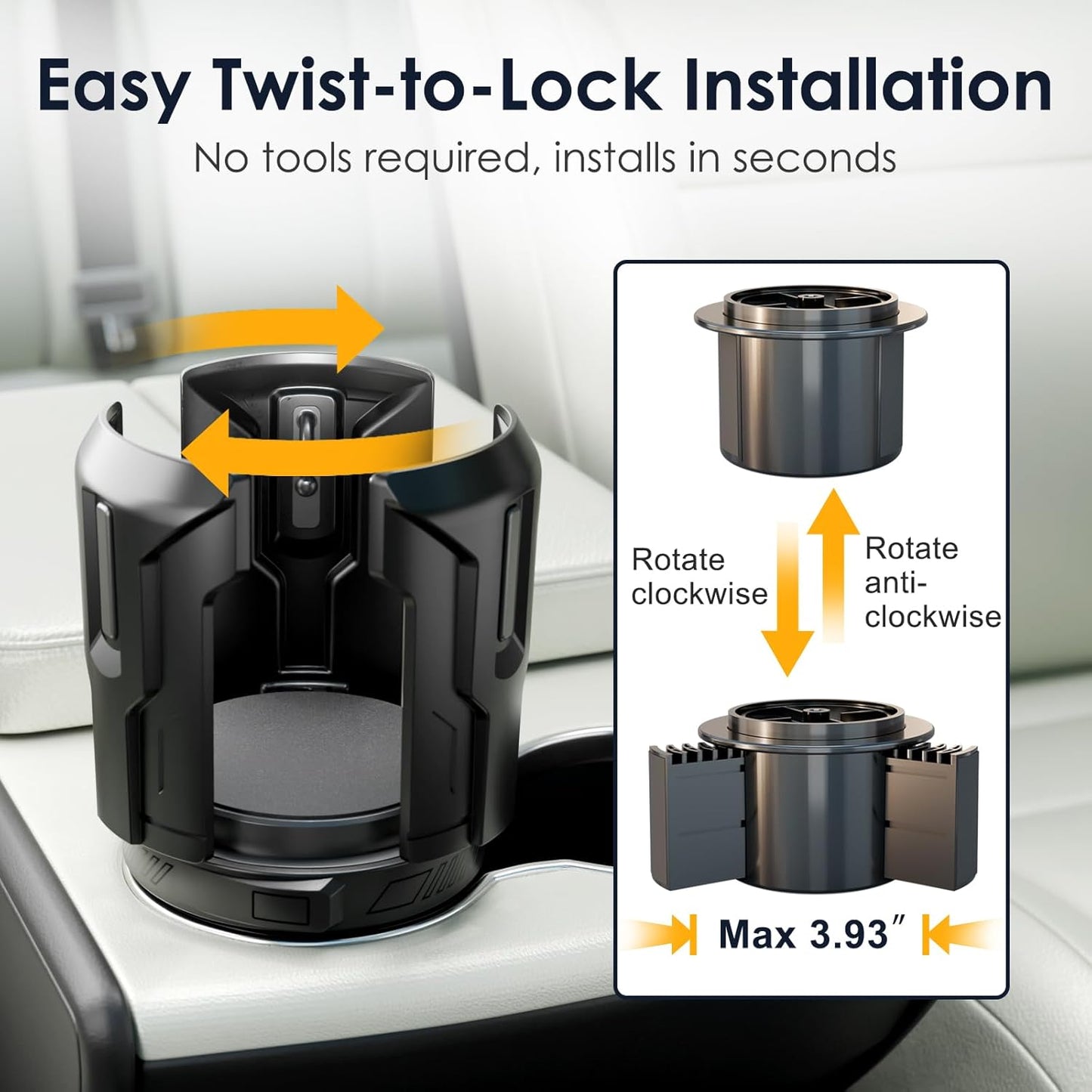 Car Cup Holder Expander: One-Button Open, Universal, Adjustable Holder(Diameter 2.6"- 4.8"), Cup Holder Expander for Yeti, Hydro Flask, Nalgene, Takeya, Camelbak, Ramblers, Owala, Tumblers, Mugs