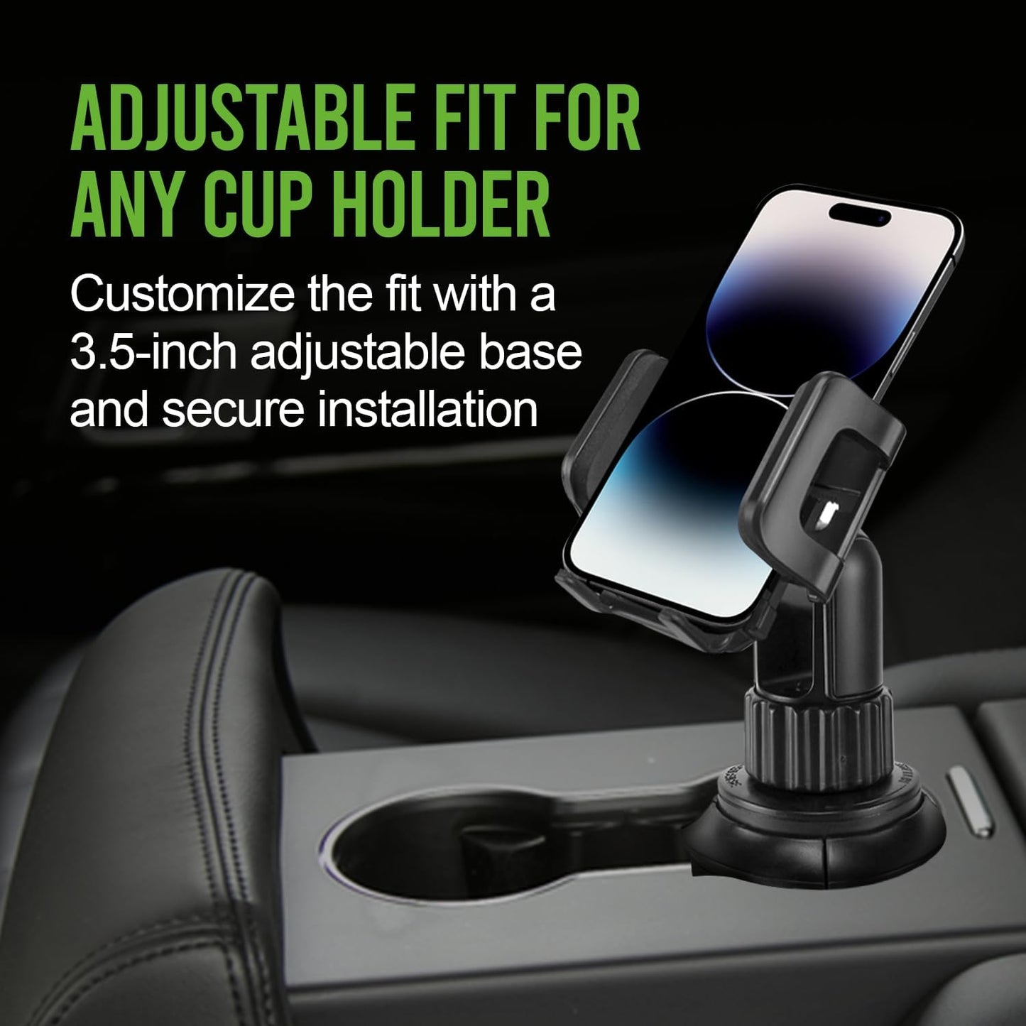 Cellet Cup Holder Tray for Car with Phone Mount – Expandable Base, 360° Rotation Food & Drink Tray with Non-Slip Surface, Adjustable Arm for Eating in Vehicle – Fits Most Standard Car Cup Holders