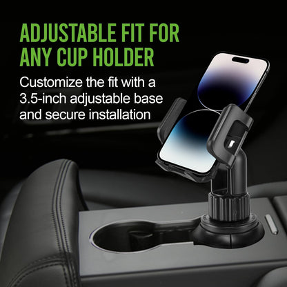 Cellet Cup Holder Tray for Car with Phone Mount – Expandable Base, 360° Rotation Food & Drink Tray with Non-Slip Surface, Adjustable Arm for Eating in Vehicle – Fits Most Standard Car Cup Holders