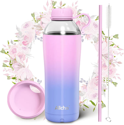 Allcho Insulated Water Bottle for Women, 18oz Stainless Steel Leak Proof Tumbler with 2 Lids, BPA-Free Tritan Chug & Straw Lid, Double Wall Vacuum Flask