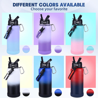 Insulated Water Bottle, 32 oz Stainless Steel Wide Mouth Water Bottles with 2 Leak Proof Lid and Paracord Handle, Double Wall Vacuum Insulated Sports Water Bottle, Purple Black