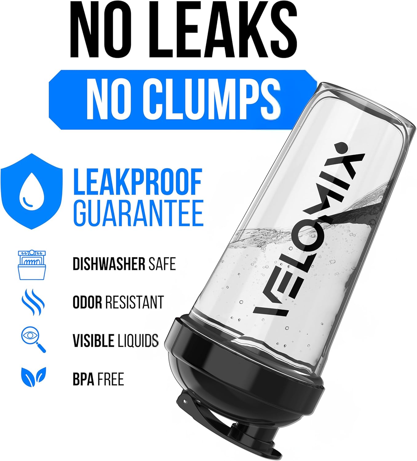 VELOMIX -2 Pack- 28 oz Protein Shaker Bottles for Protein Mixes - 2x Wire Whisk | Leak Proof Shaker Cups for Protein Shakes | Protein Shaker Bottle Pack (Black/Transparent)