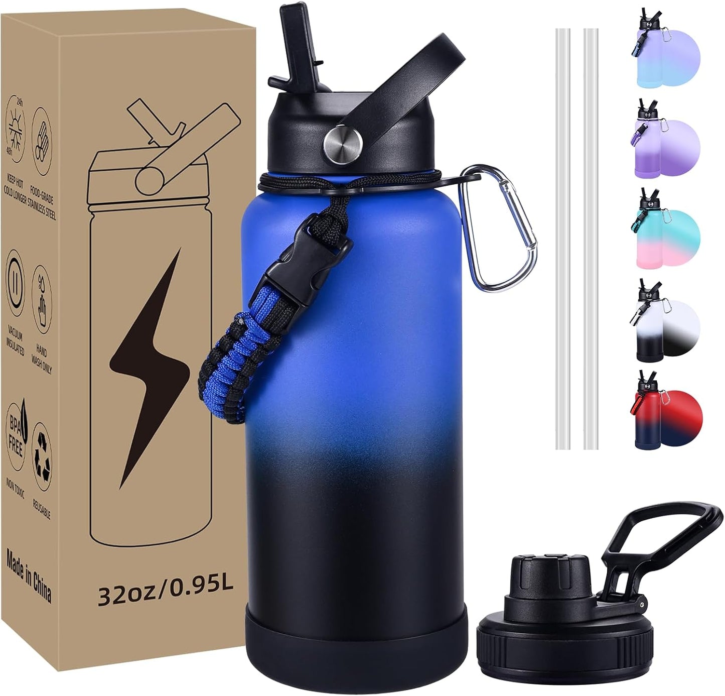 Insulated Water Bottle, 32 oz Stainless Steel Wide Mouth Water Bottles with 2 Leak Proof Lid and Paracord Handle, Double Wall Vacuum Insulated Sports Water Bottle, Purple Black