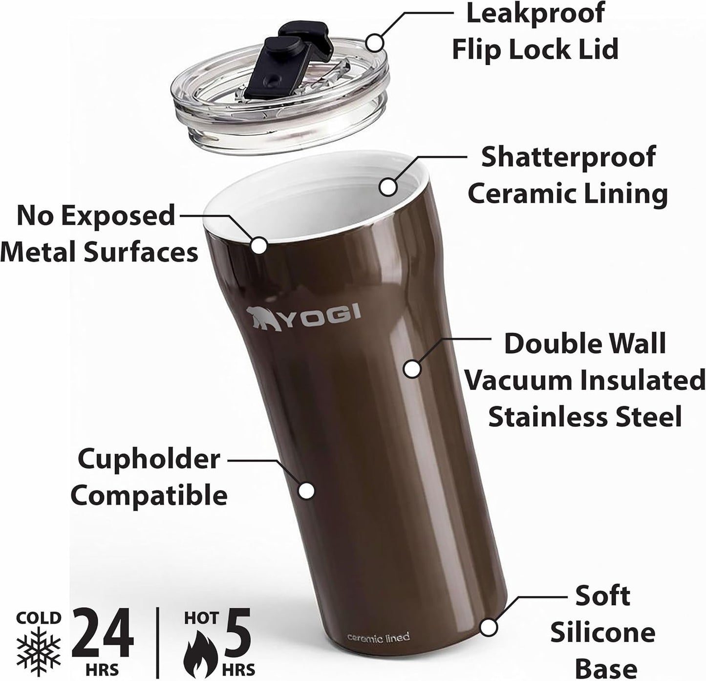 YOGI Ceramic Lined Metal Allergy Safe 16oz Coffee Tumbler with Leakproof Lid BPA Free Vacuum Insulated Stainless Steel Cupholder Friendly Travel Cup for Coffee and Water Sandstone