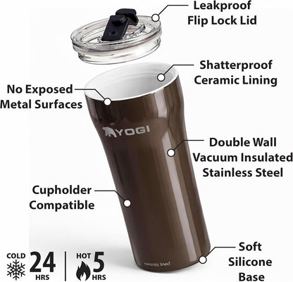 YOGI Ceramic Lined Metal Allergy Safe 16oz Coffee Tumbler with Leakproof Lid BPA Free Vacuum Insulated Stainless Steel Cupholder Friendly Travel Cup for Coffee and Water Sandstone