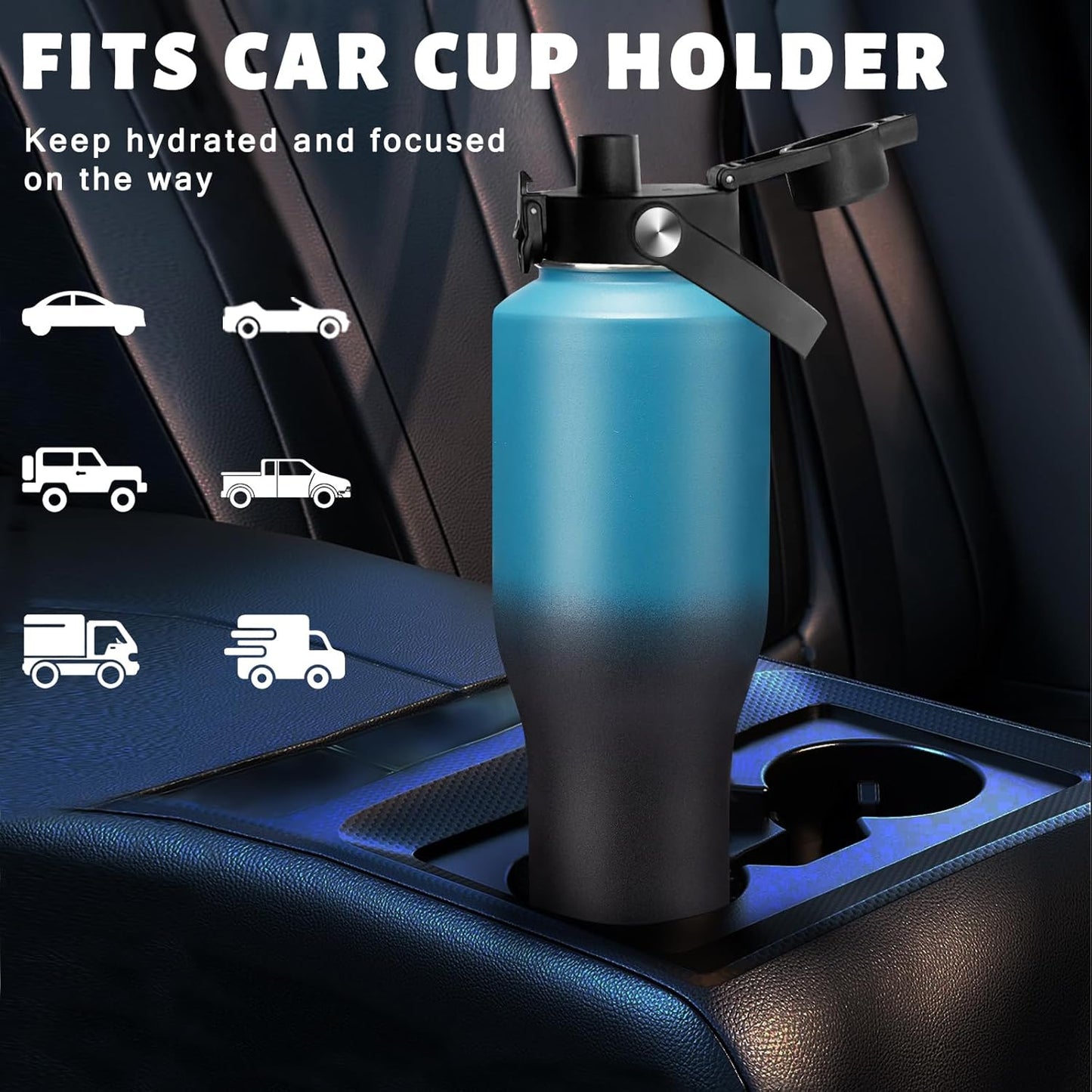 Insulated Water Bottle 40 oz - Fits in any Car Cup Holder, Keep Cold 48H Hot 24H, Stainless Steel Waterbottle Double Wall Flask with Straw, Pop-up Spout Lid, Paracord Handle, Carrier Bag