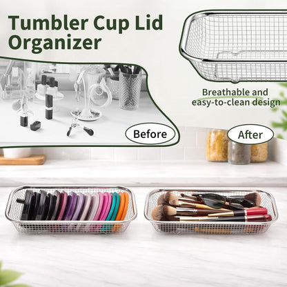 Sawysine 3 Pcs Tumbler Storage Set, Expandable Water Bottle Organizer for Cabinet, Include 2 Stainless Steel Cup Lid Organizer and 3 Tier Adjustable Bottle Holder Rack for Kitchen, Sport Flask, Fridge
