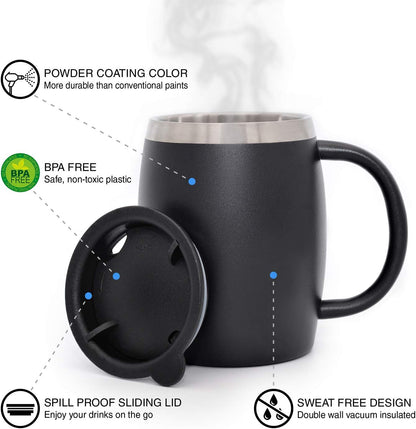 CHILLOUT LIFE Stainless Steel Insulated Coffee Mugs Set of 2 (14oz) – Double Wall Coffee Cups with Spill Resistant Lid & Strong Handle, Shatterproof Cups for Cold Drinks and Hot Beverages