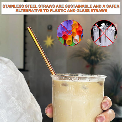 Stainless Steel Straws Metal Reusable Drinking Straw for Juice Iced Coffee Cold Beverage Water Highball Glasses 20oz Tumblers Mugs Cups, 0.24" 6mm Wide 215mm Long, Set of 8 with Brush, Silver