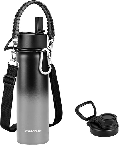 KXIAOCHEN Insulated Water Bottle With Strap, Cold For 48 Hrs Leak Proof, Triple Wall Stainless Steel Sports Water Bottle With Straw And Spout Lid For Gym Hiking Travel