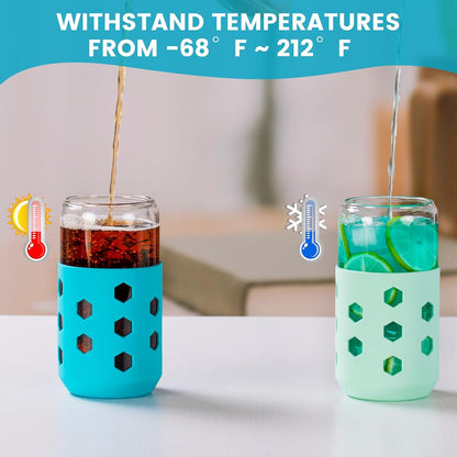 Mrsdry Glass Cups with Lids and Straws (4 Pcs), 16oz Drinking Glasses Set with Silicone Sleeves for Coffee Bar Accessories Iced Coffee Cups with Lids, Glass Tumbler Reusable for Gifts